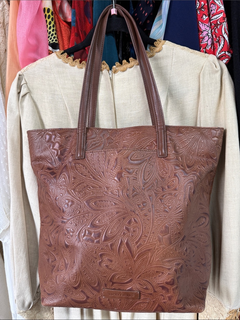 Embossed Lucky Brand Brown Leather Tote Bag - Picture 5 of 11